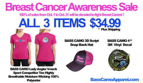 Breast Cancer Awareness Sale ! 3 Bass Camo Items ! Lady Angler V-Neck Tee 3D Script Snap Back Hat 4" Round Vinyl Decal