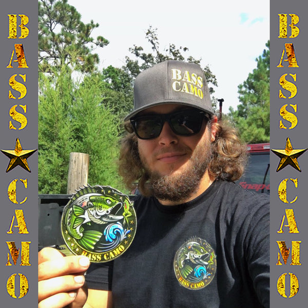 Bass Camo Fishing Decals premium 3M vinyl indoor/outdoor laminated to protect against sun fade and waterproof available in 4" 8" and 5"x 3"