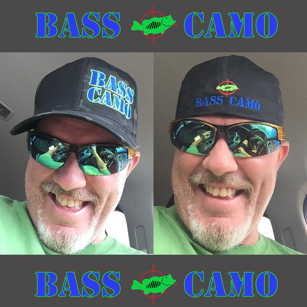 Bass Camo FlexFit Black Camo Fishing Hat with pre-curved visor embroidered front and back in pro stitch high thread count with vibrant royal blue chartreuse green and red.
