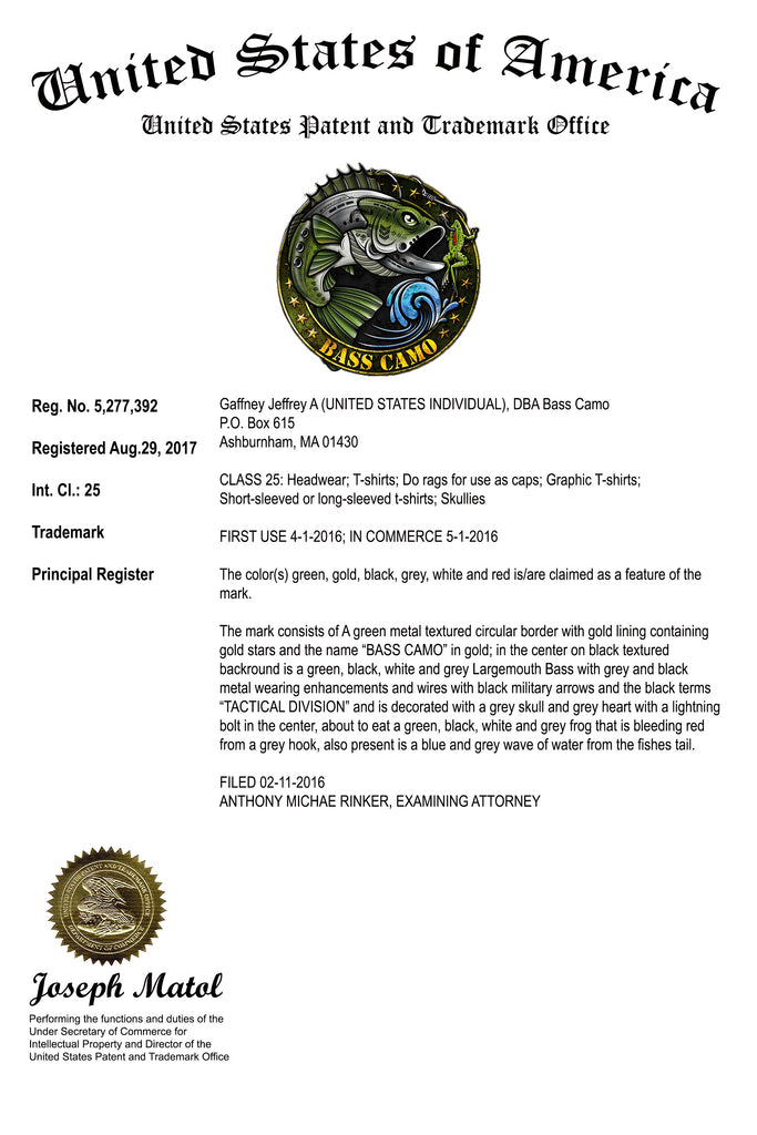 Bass Camo achieves Registered Trademark status from the United States Patent Trademark Office !