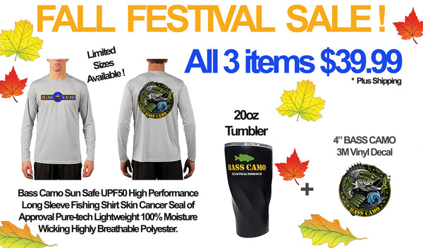 Fall Festival Of Savings ! 3 Bass Camo Items ! UPF50 Sun Safe Long Sleeve Shirt 20oz Insulated Travel Mug 4" Round Vinyl Decal