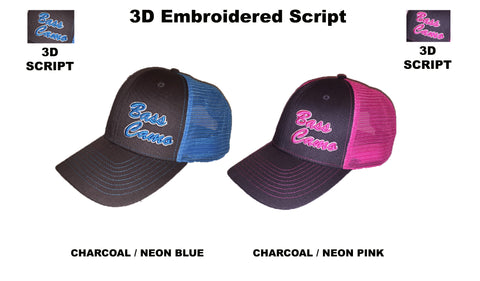 Bass Camo 3D Script Fishing Hat Snap Back Trucker embroidered in pro-stitch high thread count neon blue or pink with risen 3D script superior feature.