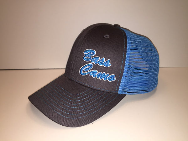 Bass Camo 3D Script Fishing Hat Snap Back Trucker embroidered in pro-stitch high thread count neon blue or pink with risen 3D script superior feature.