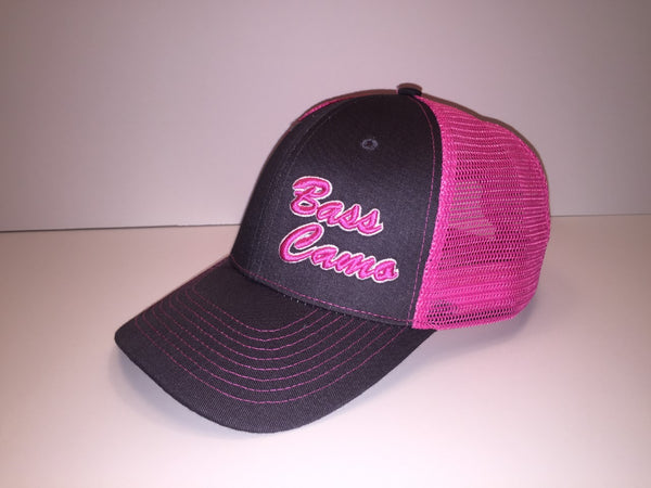 Bass Camo 3D Script Fishing Hat Snap Back Trucker embroidered in pro-stitch high thread count neon blue or pink with risen 3D script superior feature.