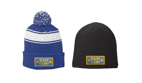 Bass Camo cold weather hats Royal Blue cuffed w/pom pom or Black fleece lined uncuffed both with embroidered sewed on patch. ON Sale NOW buy one get the second one 1/2 off enter discount code Grab a beanie