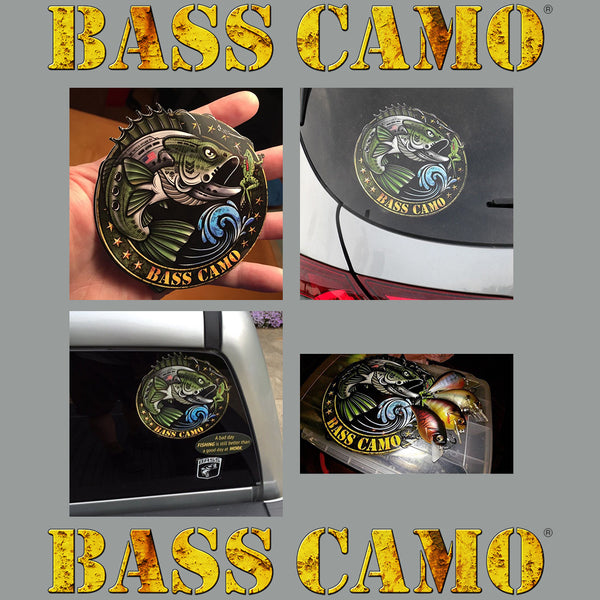 Bass Camo Fishing Decals premium 3M vinyl indoor/outdoor laminated to protect against sun fade and waterproof available in 4" 8" and 5"x 3"