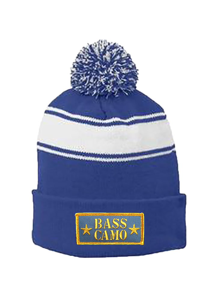 Bass Camo cold weather hats Royal Blue cuffed w/pom pom or Black fleece lined uncuffed both with embroidered sewed on patch. ON Sale NOW buy one get the second one 1/2 off enter discount code Grab a beanie