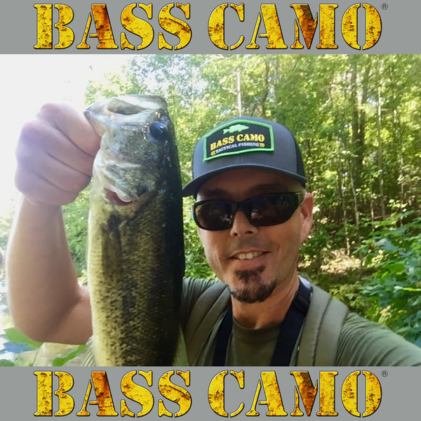 Bass Camo Retro Patch Tactical Snap Back Fishing Hat charcoal grey with pre-curved visor embroidered in pro-stitch high thread count vibrant 3 color patch with black vented back.
