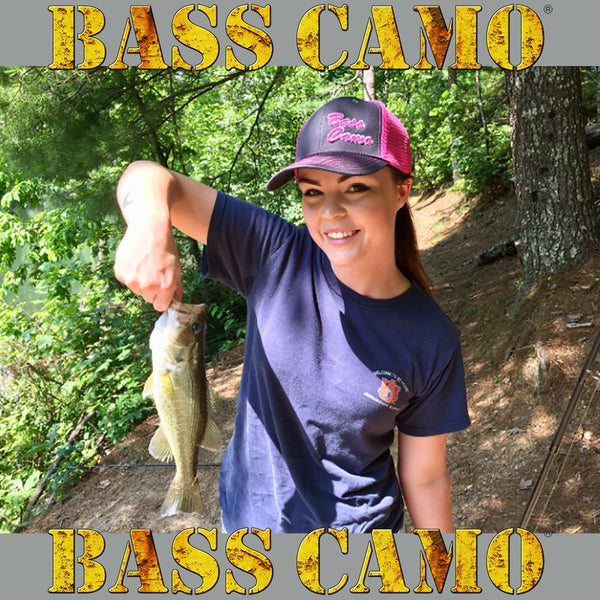 Bass Camo 3D Script Fishing Hat Snap Back Trucker embroidered in pro-stitch high thread count neon blue or pink with risen 3D script superior feature.