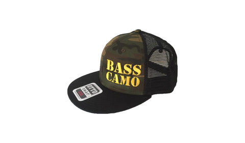 Bass Camo Flat Brim Snap Back Camo Fishing Hat embroidered in pro-stitch high thread count vibrant gold with black vented back.