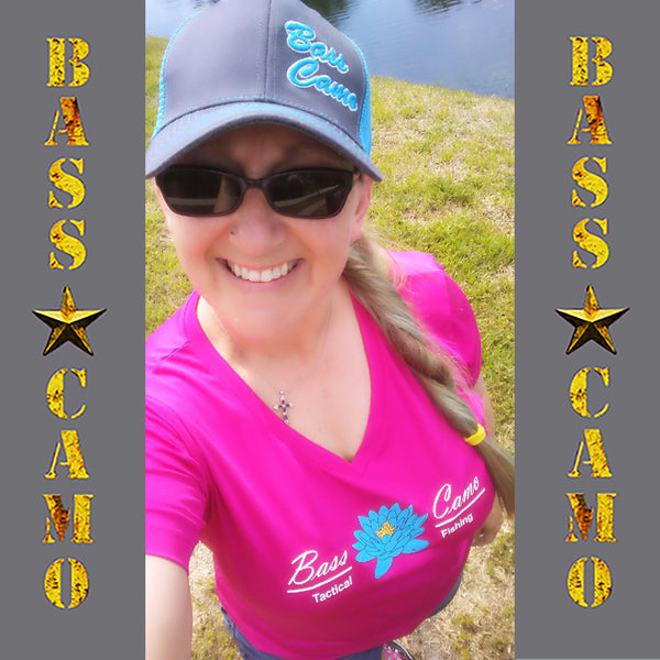 Bass Camo 3D Script Fishing Hat Snap Back Trucker embroidered in pro-stitch high thread count neon blue or pink with risen 3D script superior feature.
