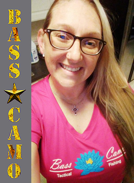 ON SALE Bass Camo "Lady Angler" Fishing Shirt Dry Fit V-Neck Sport Competitor Tee features front and back vibrant design lightweight 3.8 oz 100% polyester interlock highly breathable moisture wicking gently contoured silhouette and tear away label.