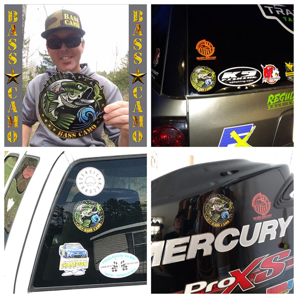 Bass Camo Fishing Decals premium 3M vinyl indoor/outdoor laminated to protect against sun fade and waterproof available in 4" 8" and 5"x 3"