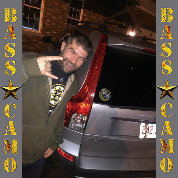 Bass Camo Fishing Decals premium 3M vinyl indoor/outdoor laminated to protect against sun fade and waterproof available in 4" 8" and 5"x 3"