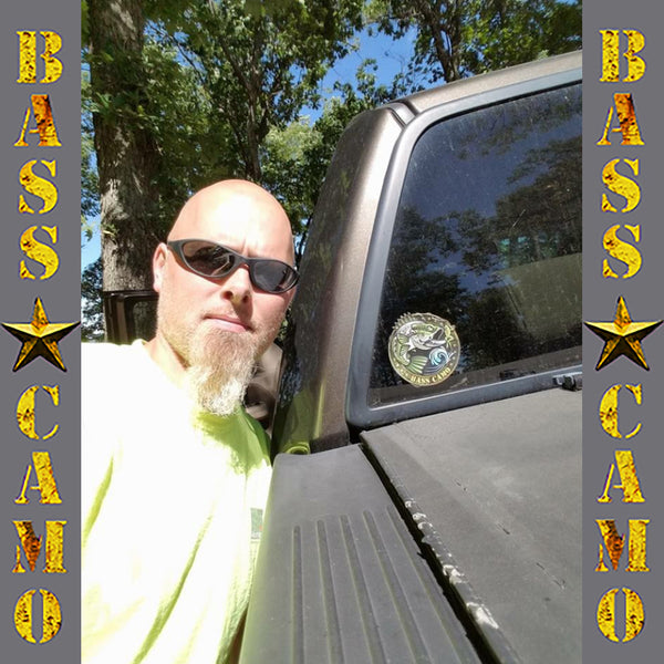 Bass Camo Fishing Decals premium 3M vinyl indoor/outdoor laminated to protect against sun fade and waterproof available in 4" 8" and 5"x 3"