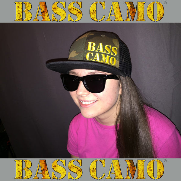 Bass Camo Flat Brim Snap Back Camo Fishing Hat embroidered in pro-stitch high thread count vibrant gold with black vented back.