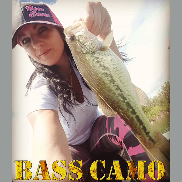 Bass Camo 3D Script Fishing Hat Snap Back Trucker embroidered in pro-stitch high thread count neon blue or pink with risen 3D script superior feature.