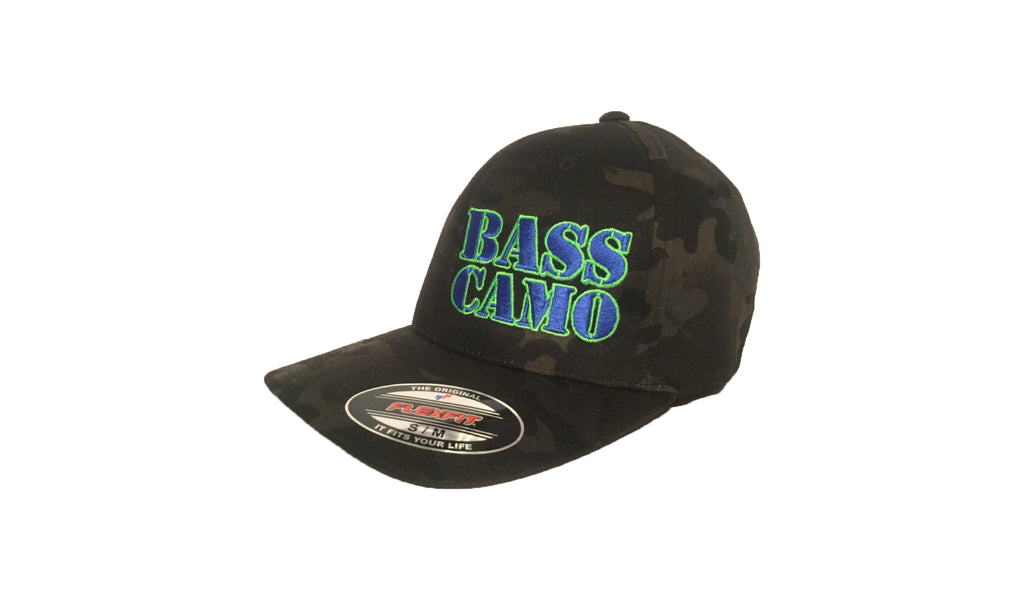 Bass Camo FlexFit Black Camo Fishing Hat with pre-curved visor embroidered front and back in pro stitch high thread count with vibrant royal blue chartreuse green and red.