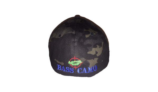 Bass Camo FlexFit Black Camo Fishing Hat with pre-curved visor embroidered front and back in pro stitch high thread count with vibrant royal blue chartreuse green and red.