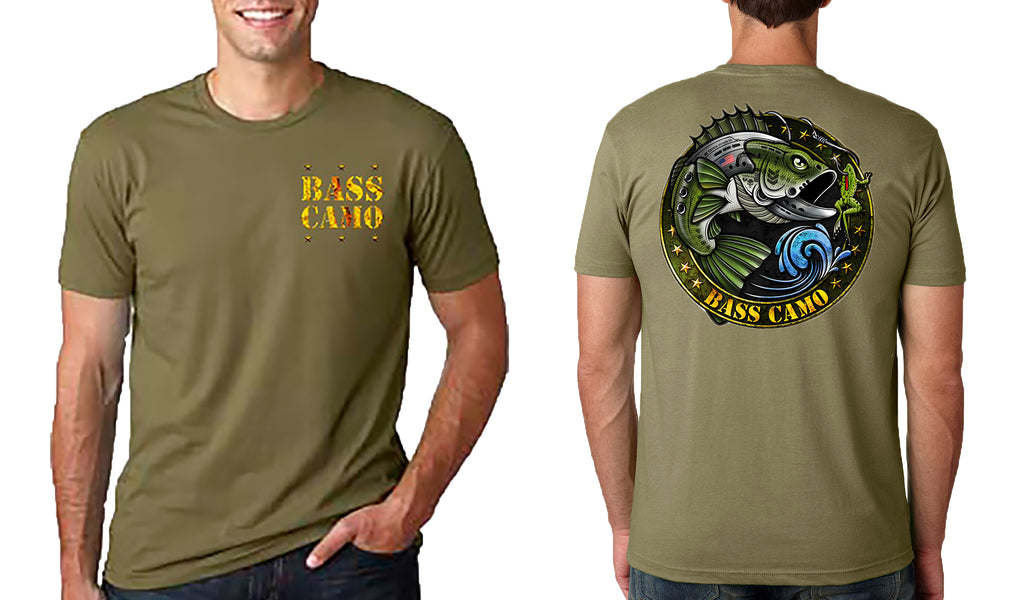 Bass Camo The Vet Fishing Shirt performance short sleeve t-shirt features  front and back vibrant design 4.3 oz 100% ring spun cotton for superior