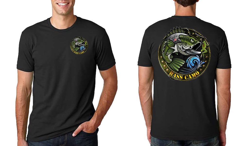 Bass Camo Back In Black Fishing Shirt performance short sleeve t-shirt  features front and back vibrant design 4.3 oz 100% ring spun cotton for