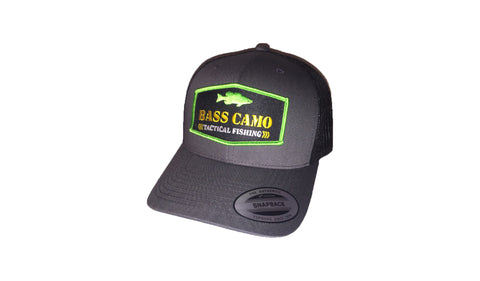 Bass Camo Retro Patch Tactical Snap Back Fishing Hat charcoal grey with pre-curved visor embroidered in pro-stitch high thread count vibrant 3 color patch with black vented back.