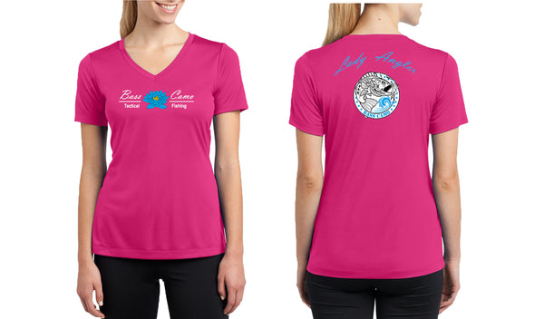 ON SALE Bass Camo "Lady Angler" Fishing Shirt Dry Fit V-Neck Sport Competitor Tee features front and back vibrant design lightweight 3.8 oz 100% polyester interlock highly breathable moisture wicking gently contoured silhouette and tear away label.