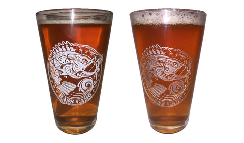 Bass Camo 16oz Pint Glass etched in white or silver.