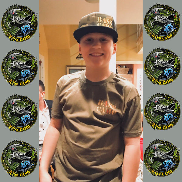 Bass Camo Flat Brim Snap Back Camo Fishing Hat embroidered in pro-stitch high thread count vibrant gold with black vented back.