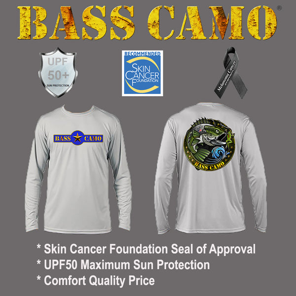 Bass Camo Sun Safe UPF50 High Performance Long Sleeve Fishing Shirt carries the Skin Cancer Foundation Seal of Approval powered by PURE-tech lightweight 4.1 oz highly breathable moisture wicking 100% polyester.