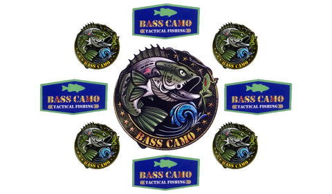 Bass Camo Fishing Decals premium 3M vinyl indoor/outdoor laminated to protect against sun fade and waterproof available in 4" 8" and 5"x 3"