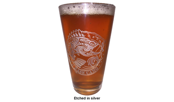 Bass Camo 16oz Pint Glass etched in white or silver.